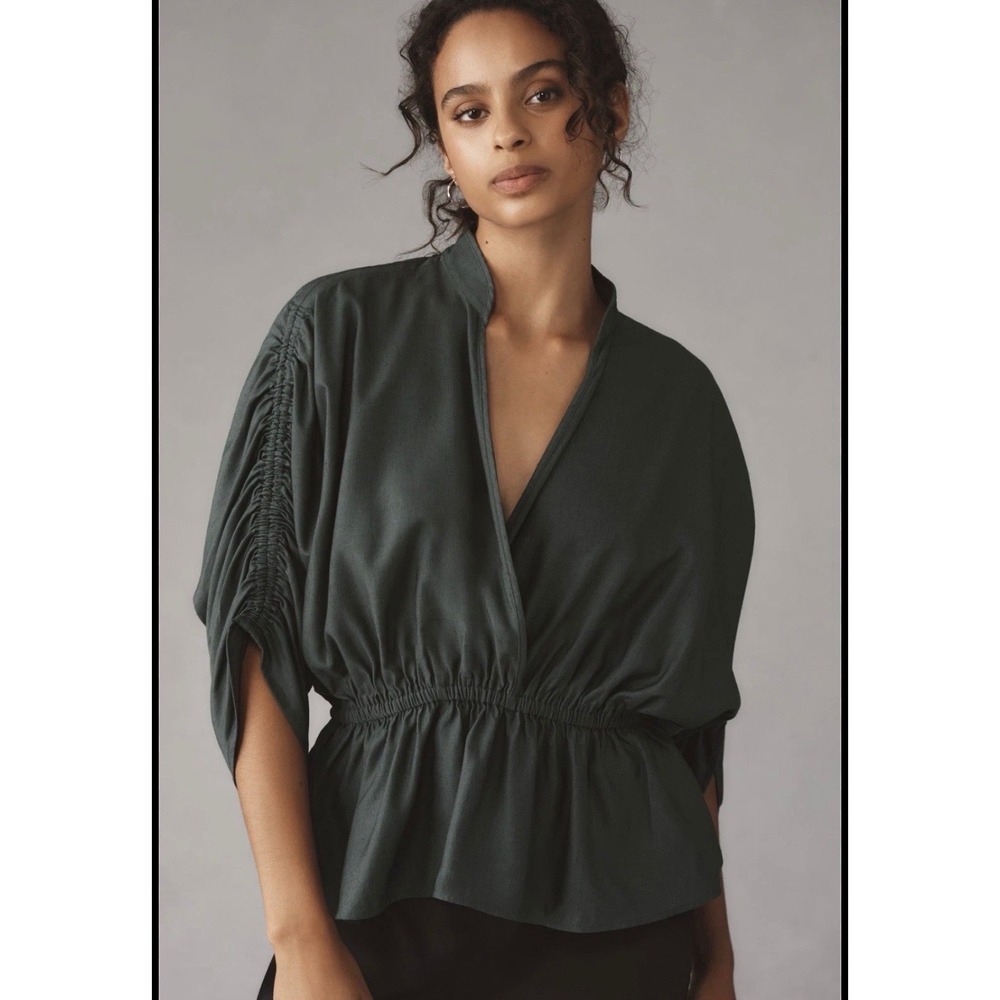 Maeve Anthropologie Dark Green Linen Blend Ruched Sleeve Peplum Blouse XS Earthy - Picture 1 of 8